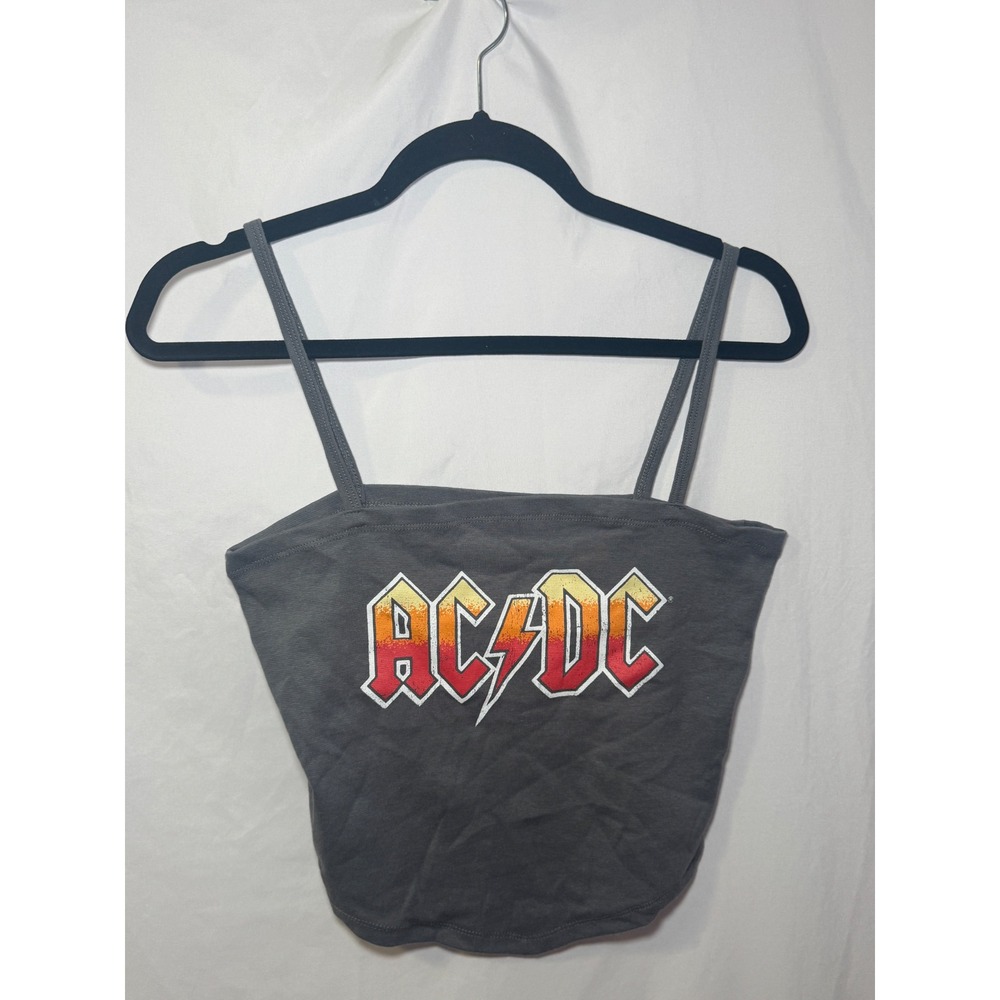 AC/DC Graphic Cami Crop Top Womens L Gray Band Tee Rock Grunge
